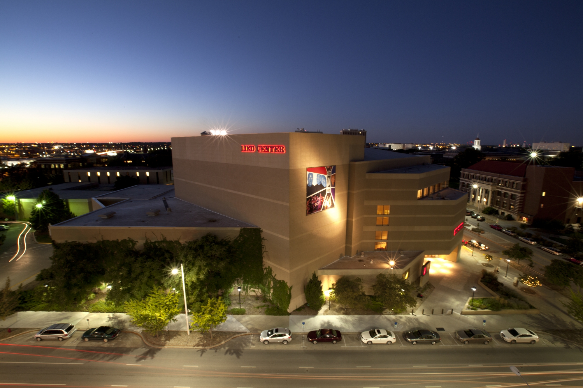 Timelapse photo of the Lied Center exterior at night.