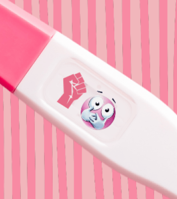 pink and white stick with a fist and face emojis
