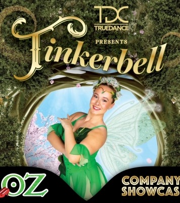 a dancer in a tinker bell outfit poses against a graphic background