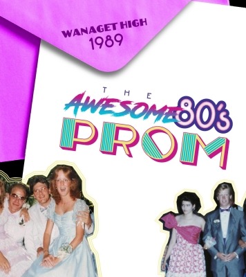Women dressed in 80s prom dresses in both bottom corners and Awesome 80's prom written in the middle against white background