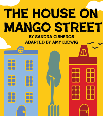 a blue and red house with a tree in the middle