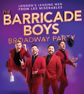 A logo that says "The Barricade Boys Broadway Party" in the middle and four men in red suits places in front of the sign