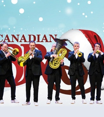 Four men playing brass instruments in front of the words "Canadian Brass" and a giant Santa hat