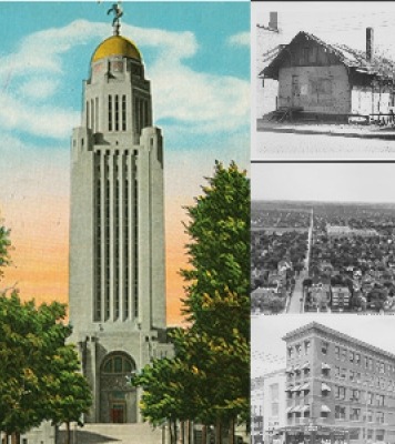 Graphic of the Nebraska state capitol building, alongside three black and white photos of of buildings and landscape