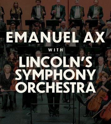 a faint photo of an orchestra with white text on top about Emanuel Ax and Lincoln's Symphony Orchestra