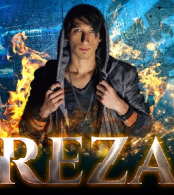 Man in a hoodie in front of a blue background and surrounded by flames. REZA is typed at the bottom