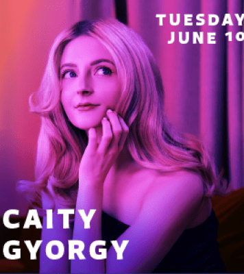 Woman with a pink-ish/purple tint in with words "Caity Gyorgy" and "Tuesday June 10" in white