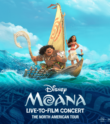 Cartoon man and girl on a sailboat on the ocean with "Disney's Moana Live to Film Concert North American Tour" in blue letters