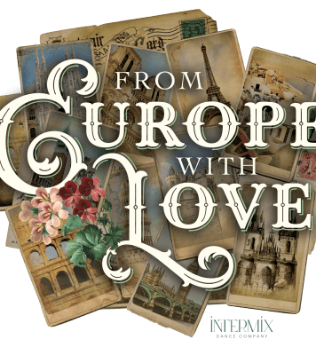 White words "From Europe with Love" on a background of postcards