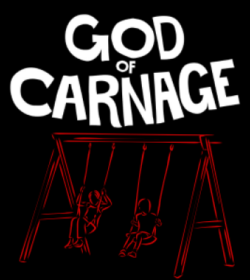 red silhouette of two children on a swing on a black background and white text "God of Carnage"