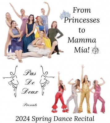The words "Pas de Deux Presents From Princesses to Mama Mia!" in black in front of a white background, with dancers