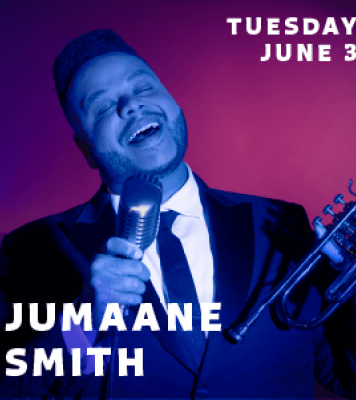 Man with a blue tint holding a microphone in front of a purple background with the words "Jumaane Smith" and "Thursday June 3" 