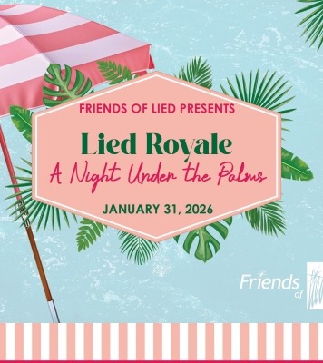 Beachy blue background with the title "Lied Royale" and a pink striped umbrella with palm leaves