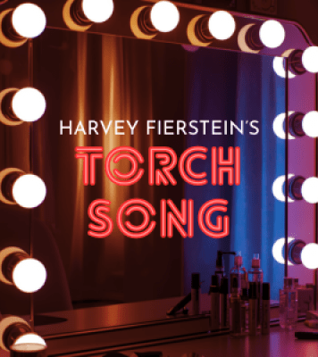 a photo of a vanity mirror with the words Harvey Fierstein's TORCH SONG overlayed in text