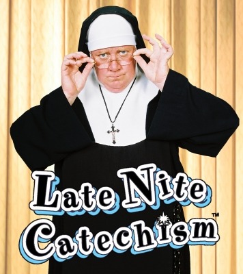 catholic nun peering over the top of her glasses with the text late night catechism