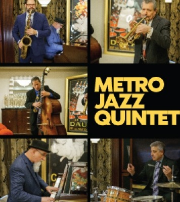 Split into 6 squares with five men in five of the squares playing different jazz instruments and on square that says Metro Jazz Quintet. 