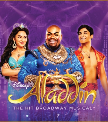 Woman with dark hair, teal top and bottom, with her arms crossed to the left. Man with no hair wearing a detailed blue outfit holding a genie lamp in his hands in the middle. Man with dark hair wearing a red vest looking towards the other man on the right. All are standing in front of a purple background.