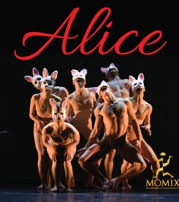 A group of 7 dancers wearing rabbit masks crouch together and appear to roar. The word 'Alice' is in red script above them.