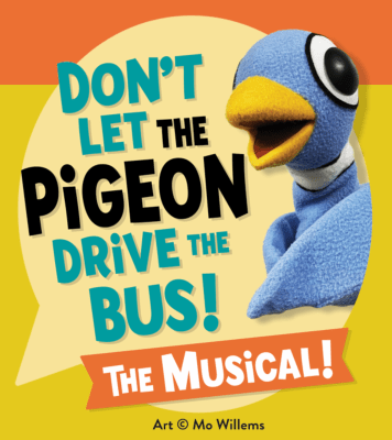 A blue puppet pigeon next to the words "Don't let the Pigeon Drive the Bus! The Musical!" in front of a yellow background