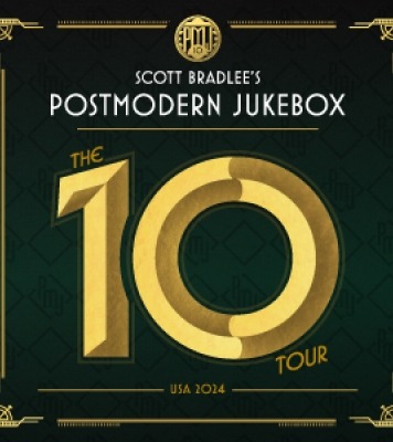 Postmodern Jukebox written at the top of image with a large 10 underneath the title on a green background. 