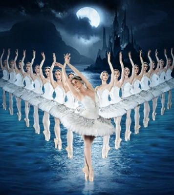 ballerinas depicted in a V formation in white tutus on a nighttime water background
