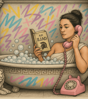 Woman on the phone reading book in bathtub