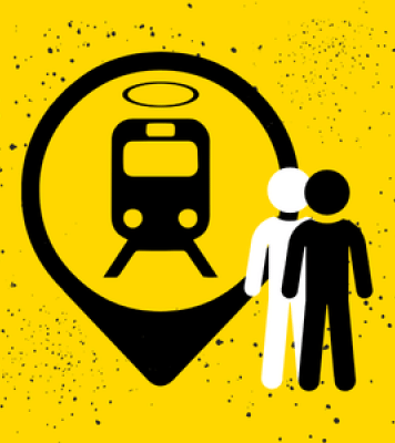 a yellow background with restroom figures and a traffic symbol