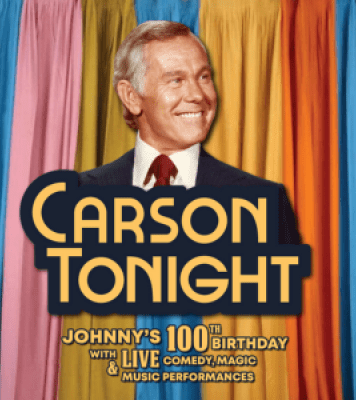 Image of a man and the text "Carson Tonight" in front of blue, pink, gold, and orange curtains
