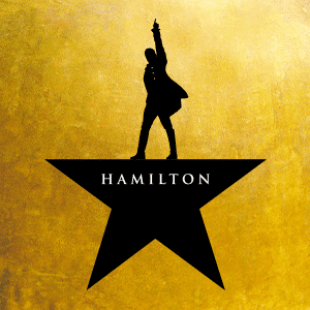 Black silhouette of a man raising his arm standing on a black star with "HAMILTON" written in gold in the star, all in front of a gold background.