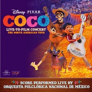 Young boy walking along a bridge playing a guitar alongside a skeleton playing the guitar and a dog walking in from of them. COCO is written to the left.