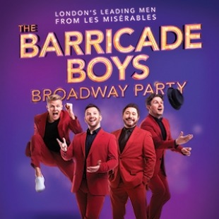 A logo that says "The Barricade Boys Broadway Party" in the middle and four men in red suits places in front of the sign