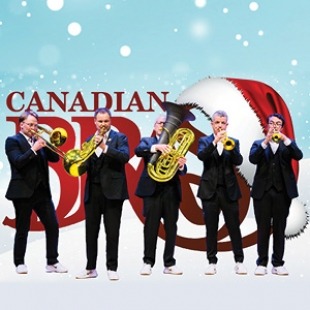Four men playing brass instruments in front of the words "Canadian Brass" and a giant Santa hat