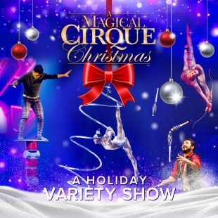 a promotional graphic for a holiday themed acrobatic variety show