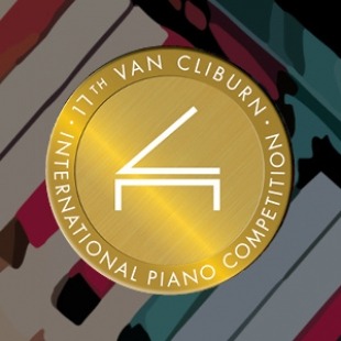 Image of a golden circle (medal) with a white grand piano graphic on it, and dark red, blue, and grey piano keys in the back