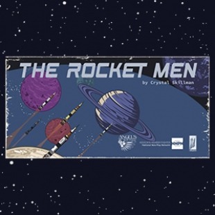 Graphic of blue and purple planets and "The Rocket Men" written at the top