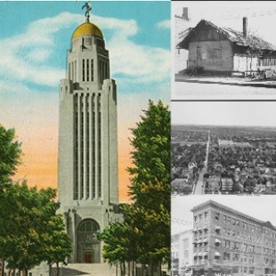 Graphic of the Nebraska state capitol building, alongside three black and white photos of of buildings and landscape