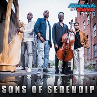 Four men, three holding instruments, standing outside