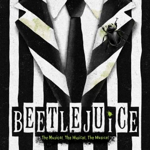 Black and white striped suit with a black beetle on the front and the word Beetlejuice displayed across the bottom