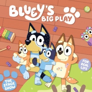 Four cartoon animals in front of an orange back ground that says "Bluey's Big Play"