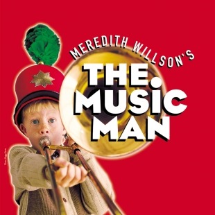 boy playing a trumpet and the text "The Music Man"