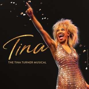 Woman pointing up with black background and the text "Tina: Tina Turner Musical"