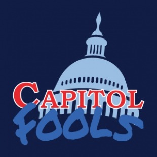 Capitol building outline in front of a navy background with the text Capitol fools written across in red and blue