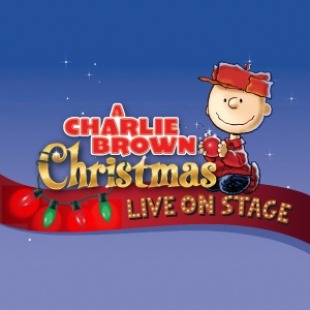 Charlie Brown sitting on a red strip with Christmas lights. Text says "A Charlie Brown Christmas Live on Stage" 
