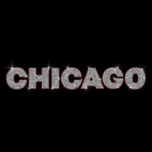 Graphic of word "Chicago" all in caps. The letters are sparkly with red outlines. The background is black.