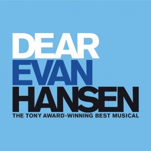 The words Dear Evan Hansen The Tony-Award Winning Musical displayed in front of blue background