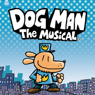 a cartoon dog in police uniform smiles in front of a cityscape background