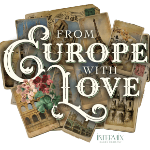 White words "From Europe with Love" on a background of postcards