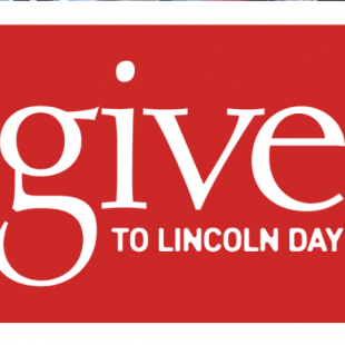 red square with white text: give to Lincoln day