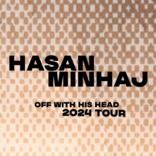 The words "Hasan Minhaj Off With His Head 2024 Tour" in black in front of a tan/gold background