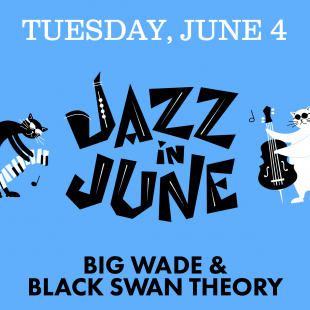Jazz in June logo in front of a blue background